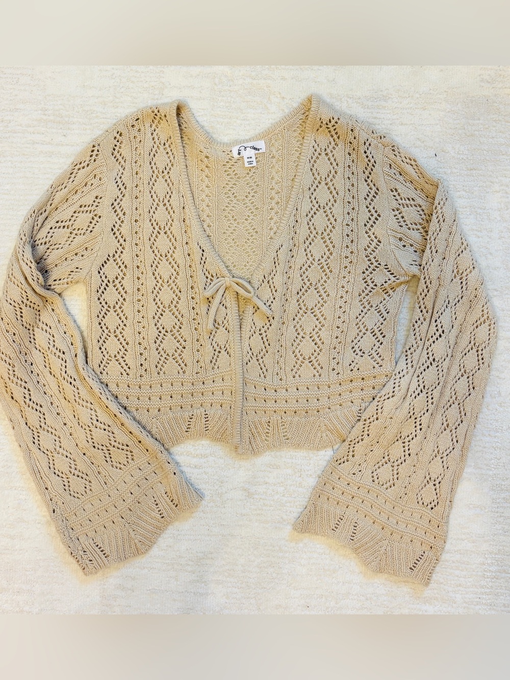 Light Beige Crochet Tie-Front Girls Sweater